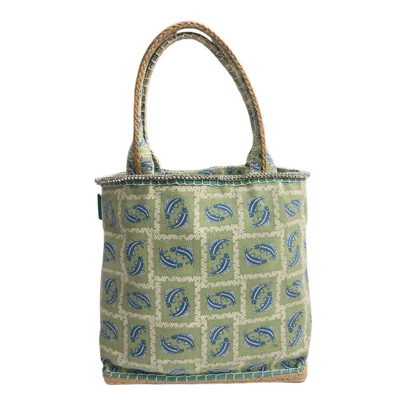 Sigrid Olsen Green tote with Blue fish pattern vintage. Canvas, Rhinestones - Picture 2 of 13